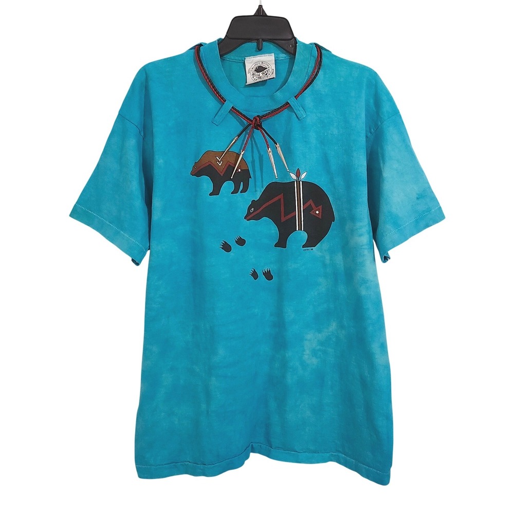 Vintage 80s Buffalo Billies‎ Wild West Artwear Bear Bolo Tie Shirt XL Turquoise